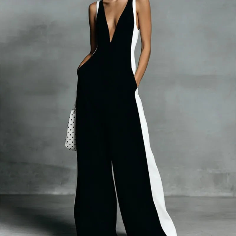 Sexy Deep V Neck Straps Wide Leg Jumpsuit Summer Sleeveless Color Block Patchwork Jumpsuits Elegant Casual Back Zipper Romper