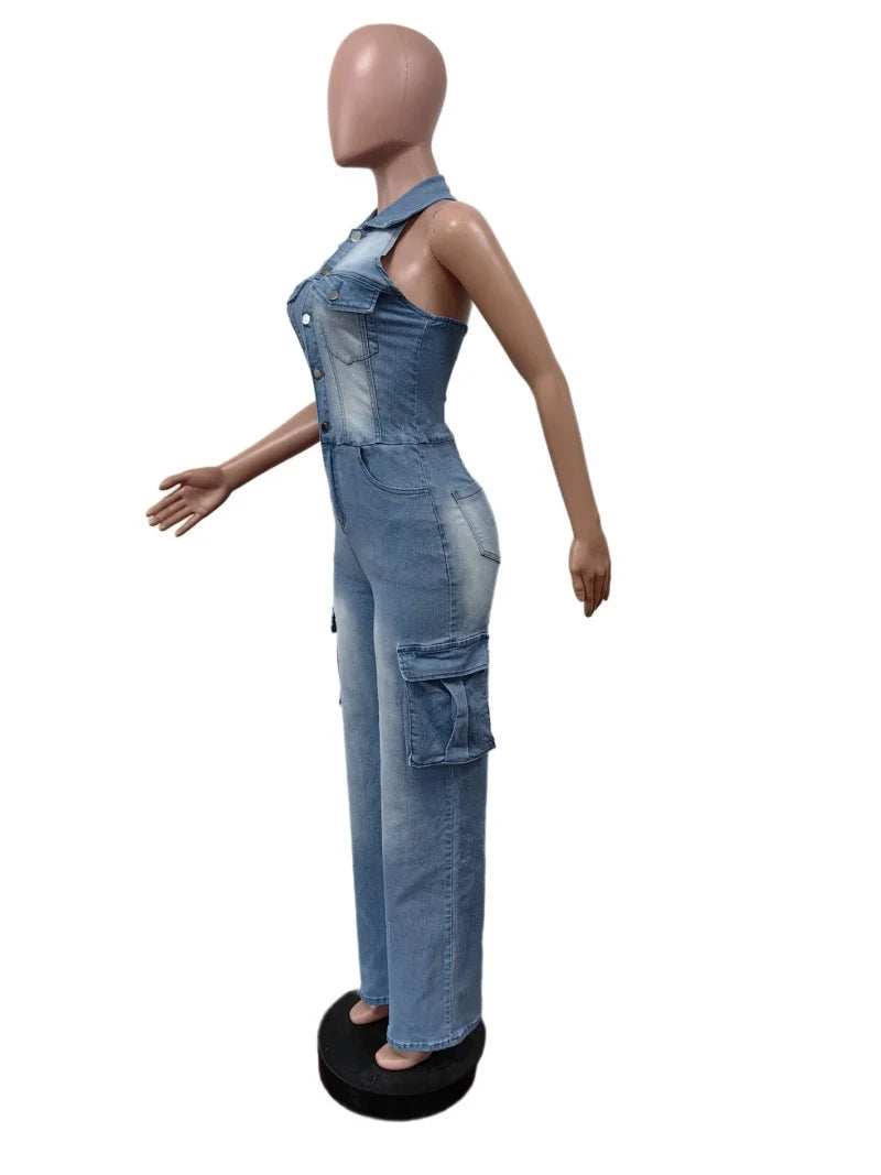 Fashion Denim Cargo Jumpsuits Summer Clothing Women 2026 Sleeveless Backless Straight Jeans Rompers One Pieces Overalls Outfits
