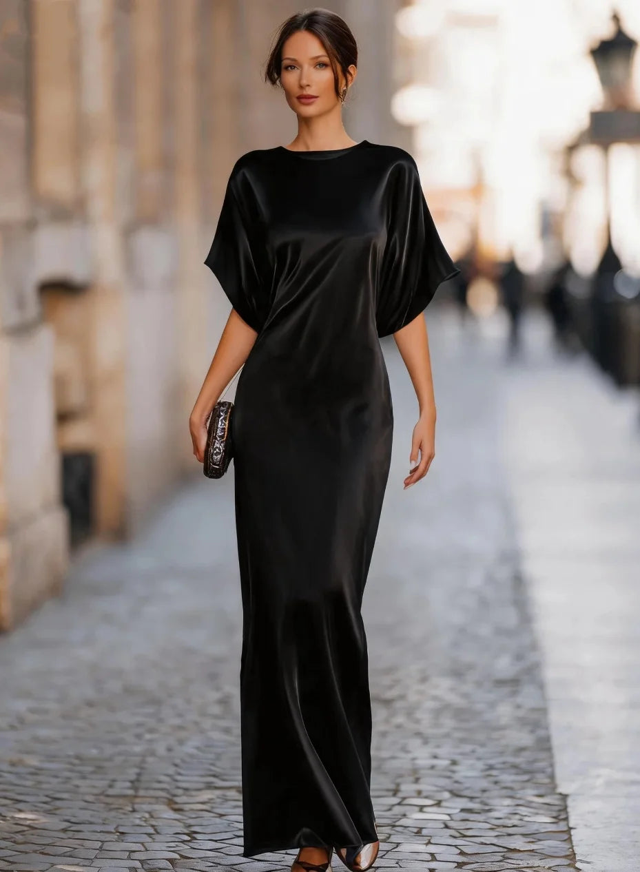 Women's Satin Dolman Sleeve Maxi Dress Crew Neck Bodycon Gown for Formal Evening Party Occasion Wear
