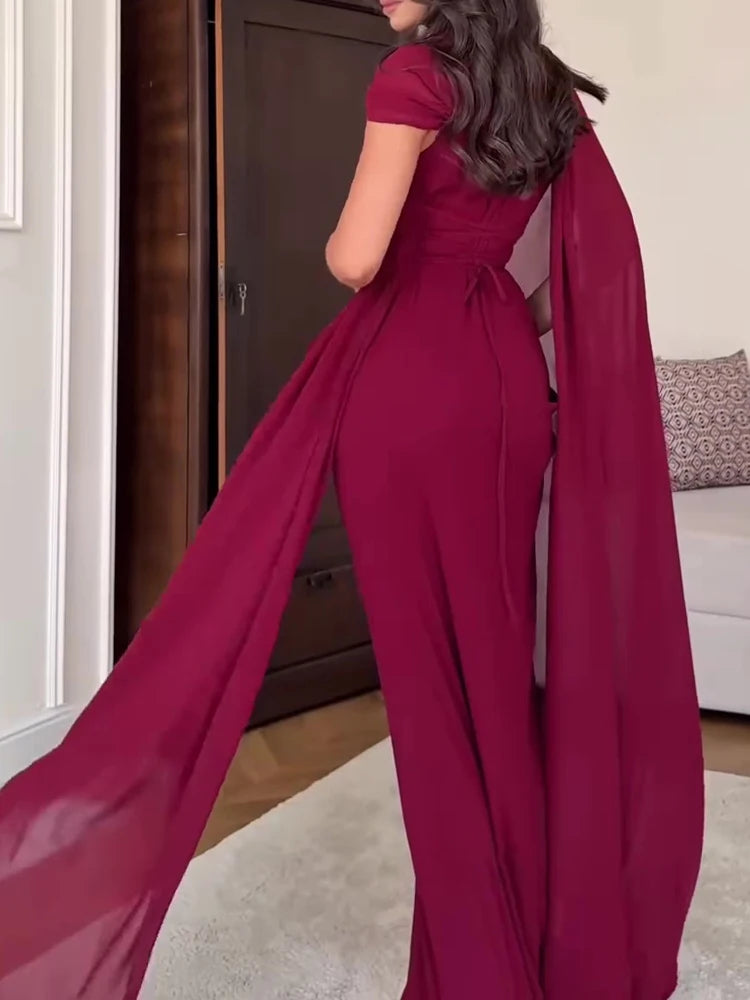 Elegant Women High Waist Banquet Dress Spring Summer New Chiffon Maxi Dress Lady Solid Color Slim Ribbon Ruched Evening Dress