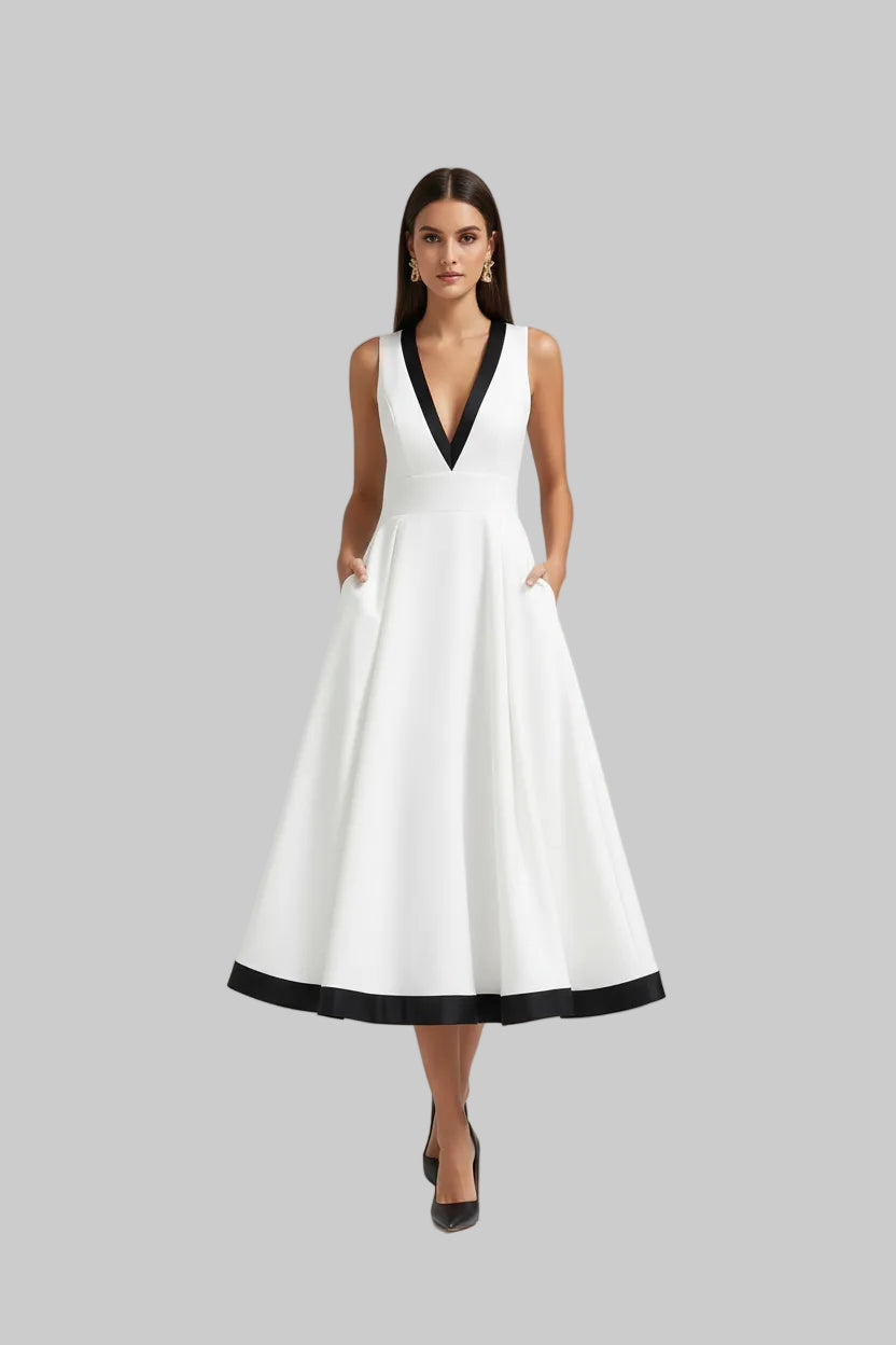 V-Neck Patchwork Waisted Midi Dress