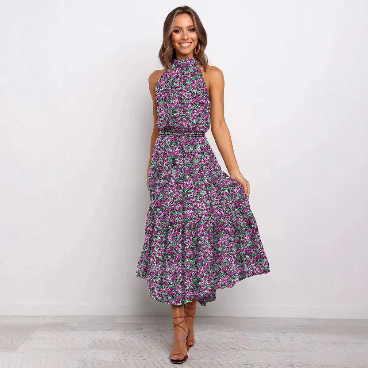 Printed Halter Neck Lace-Up Maxi Dress