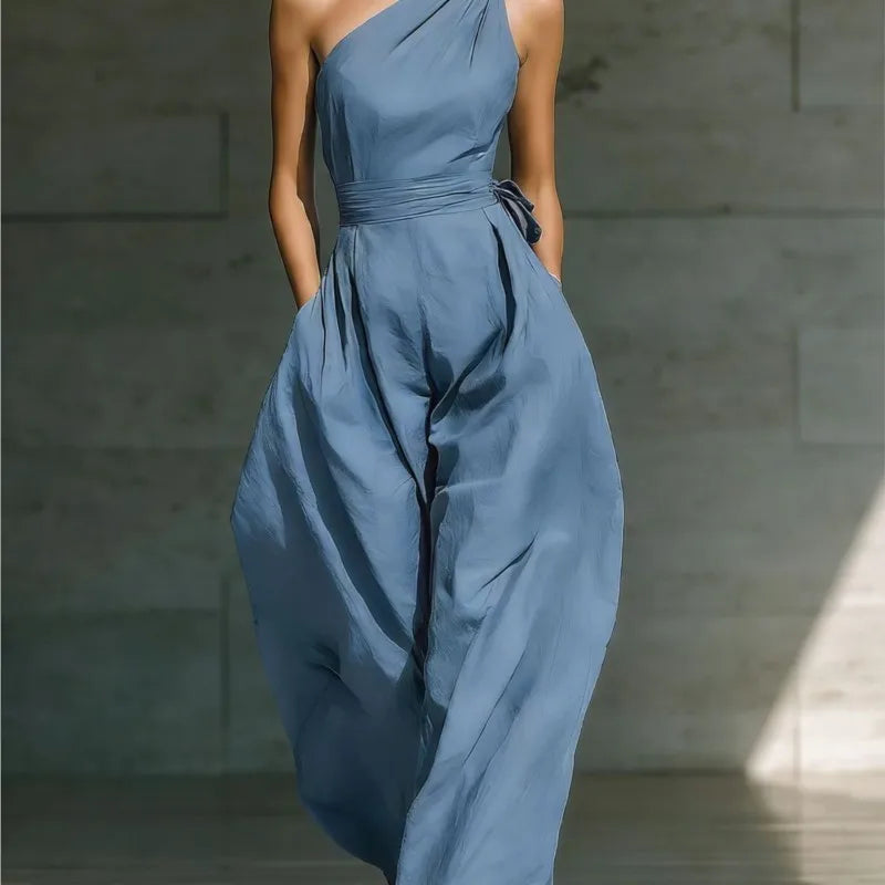 One-Shoulder Draped Lace-Up Wide-Leg Jumpsuit