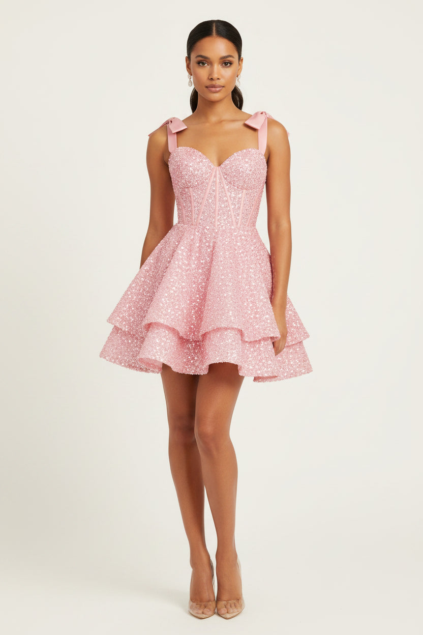 Sparkly Sequin Bows Homecoming Dresses 2026 Short Spaghetti Straps Tiered Satin Sweet Prom Cocktail Dress Graduation Dress