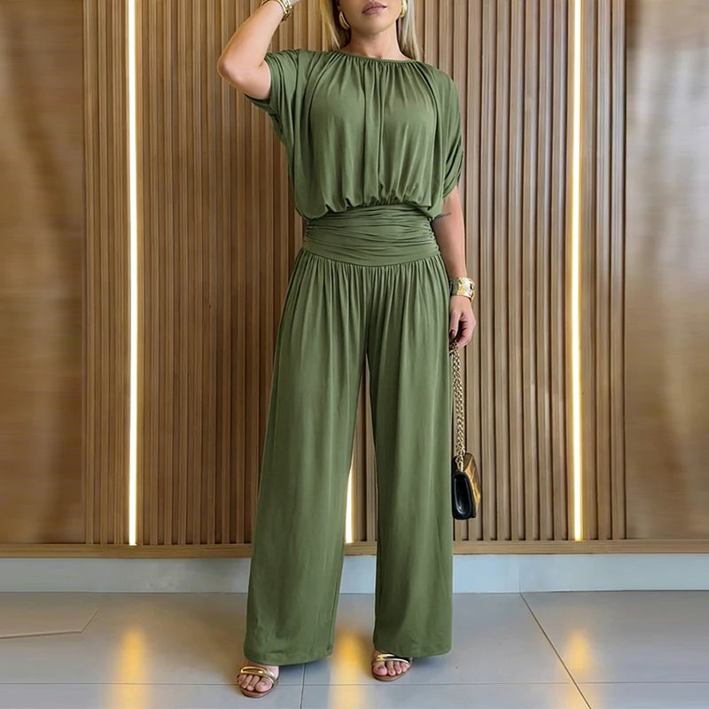 High Waist O-Neck Short Sleeve Pleated Wide-Leg Jumpsuit