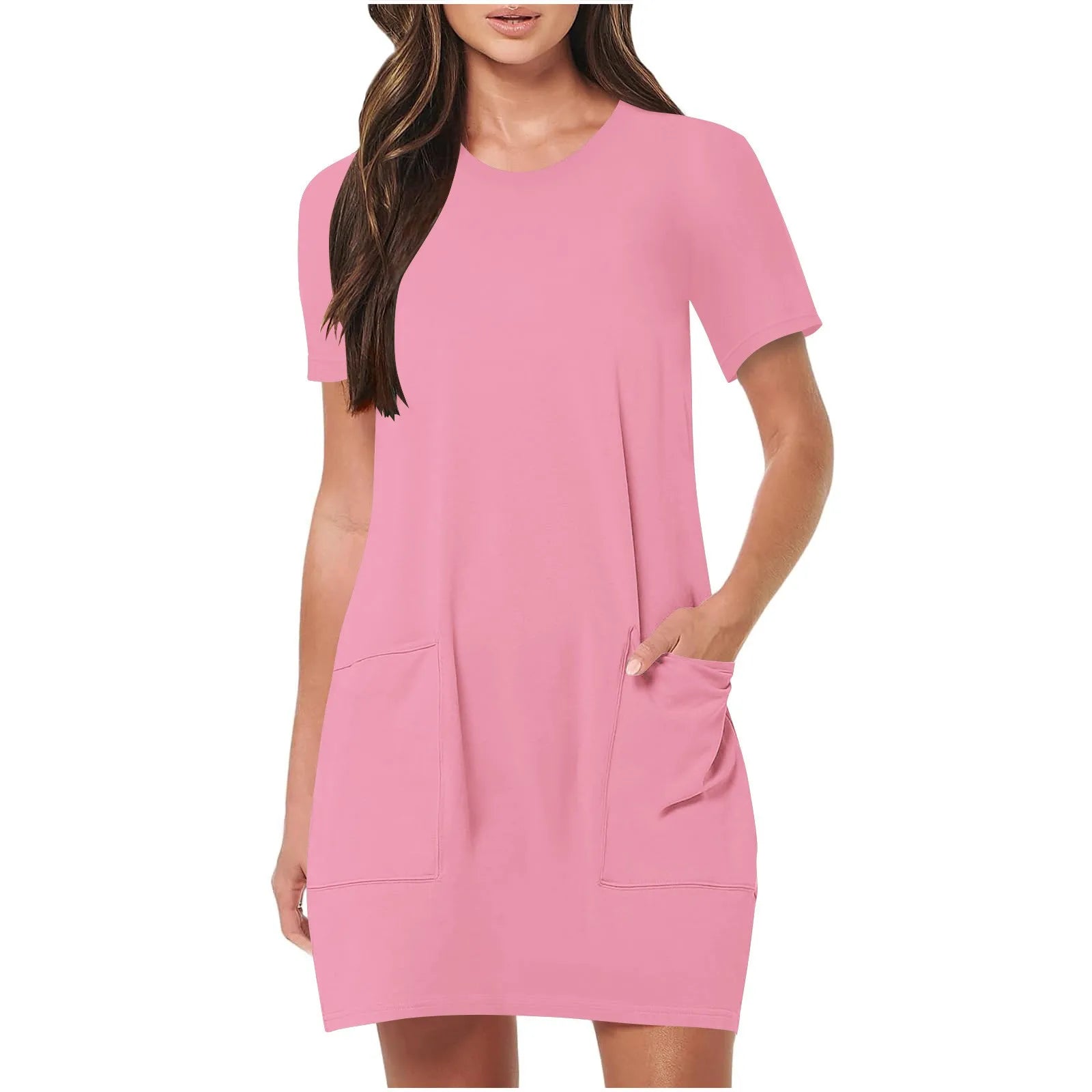 Loose Pocket Round-Neck Casual Mini Dress