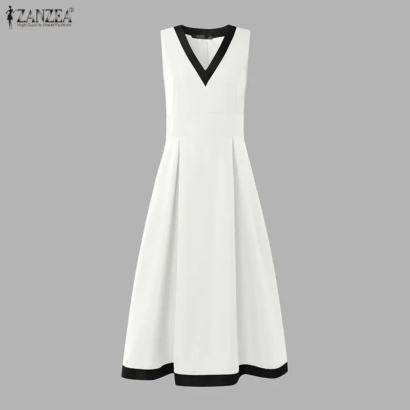 V-Neck Patchwork Waisted Midi Dress