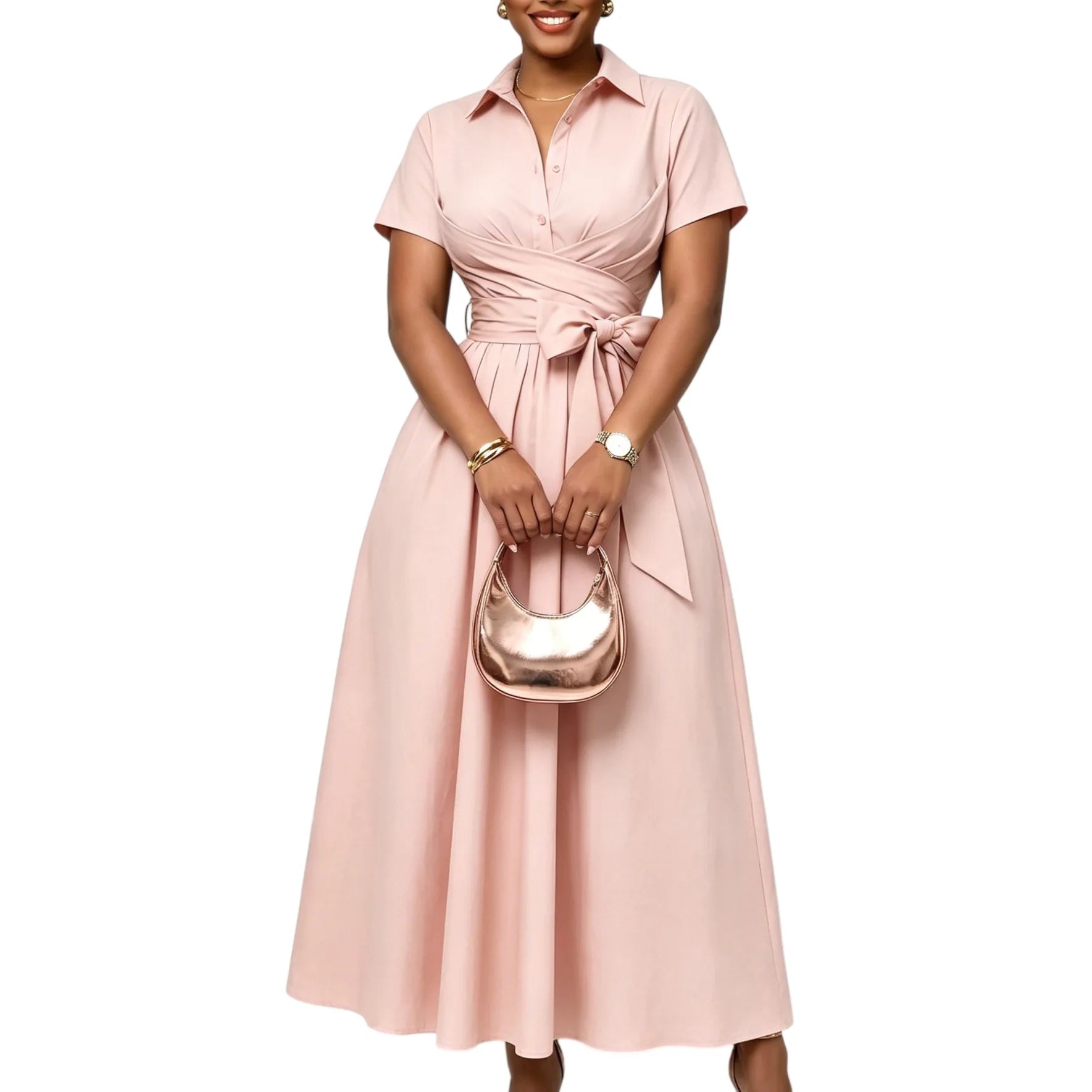 Belted Turn-Down Collar High Waist Midi Dress
