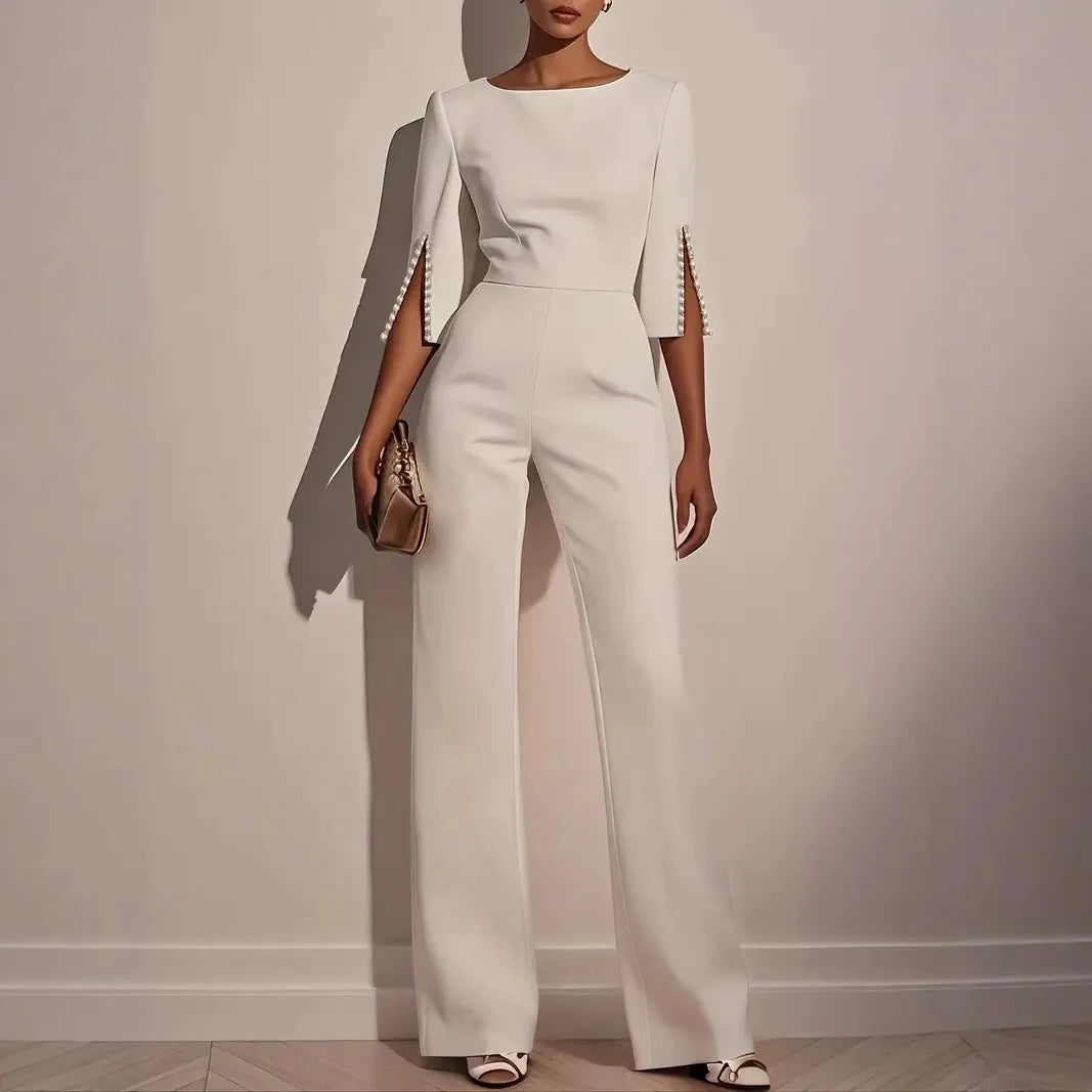 2025 Women's Jumpsuits Beaded Decorative Slim Trousers Three-quarter Sleeves Office Evening Pink Fashion Business Playsuit