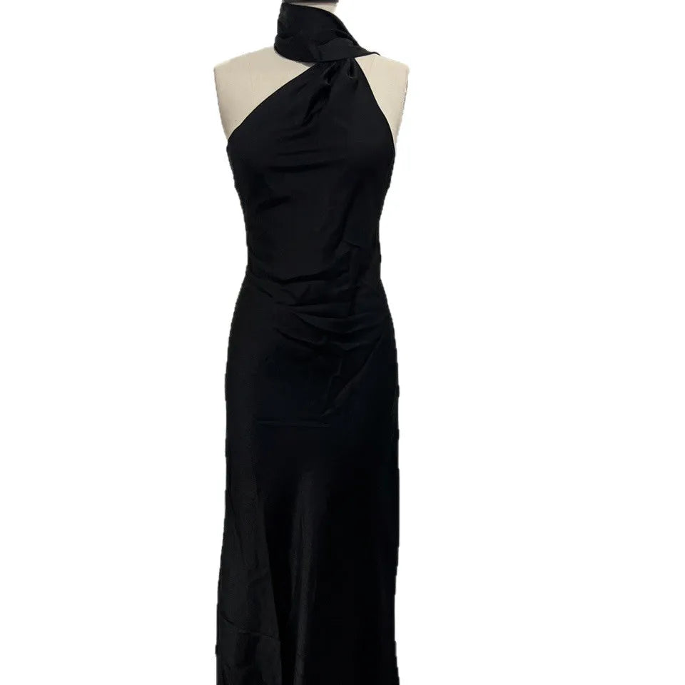 Women's Dress Temperament Elegant Satin Off-the-shoulder Sleeveless Ribbon Party Dress