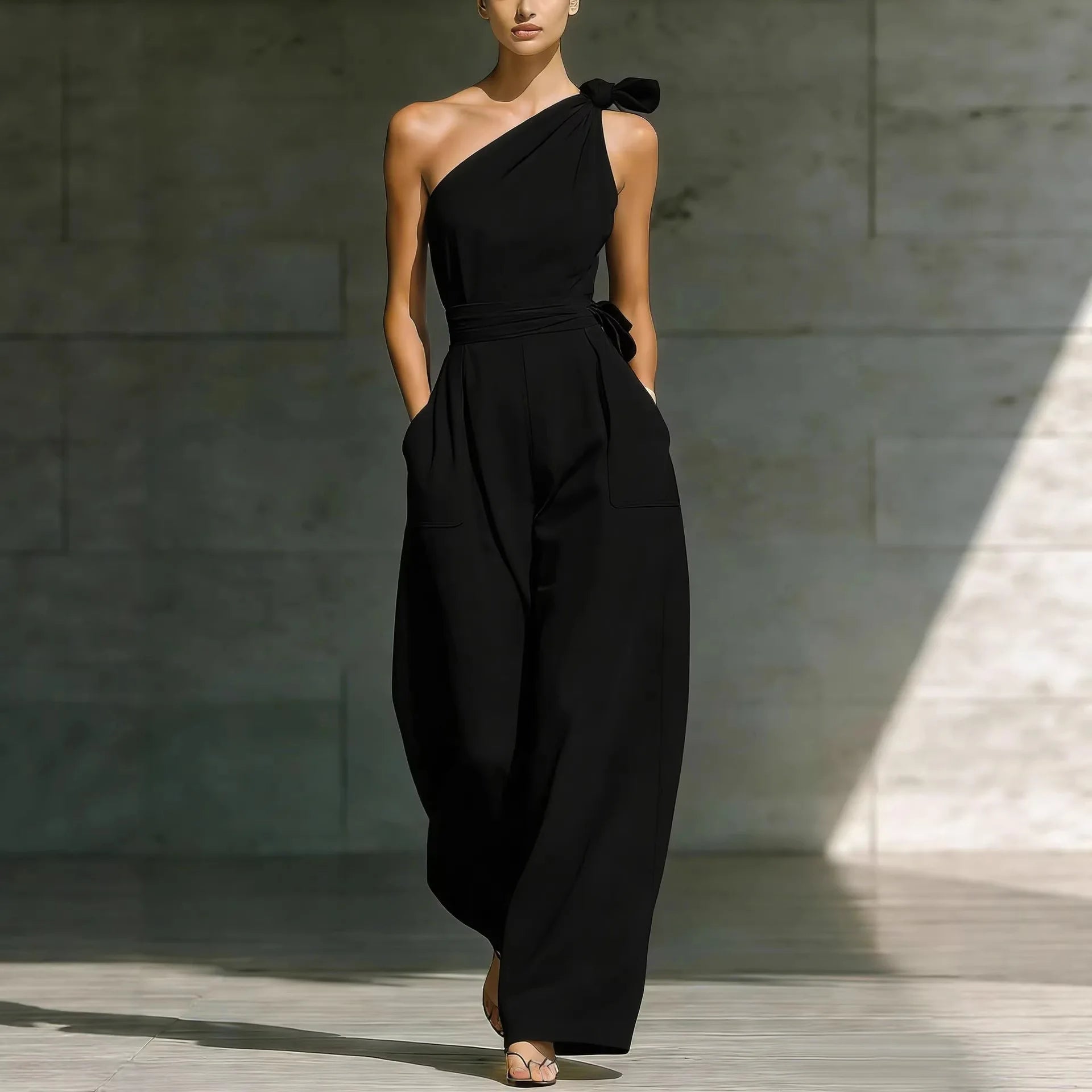 One-Shoulder Draped Lace-Up Wide-Leg Jumpsuit
