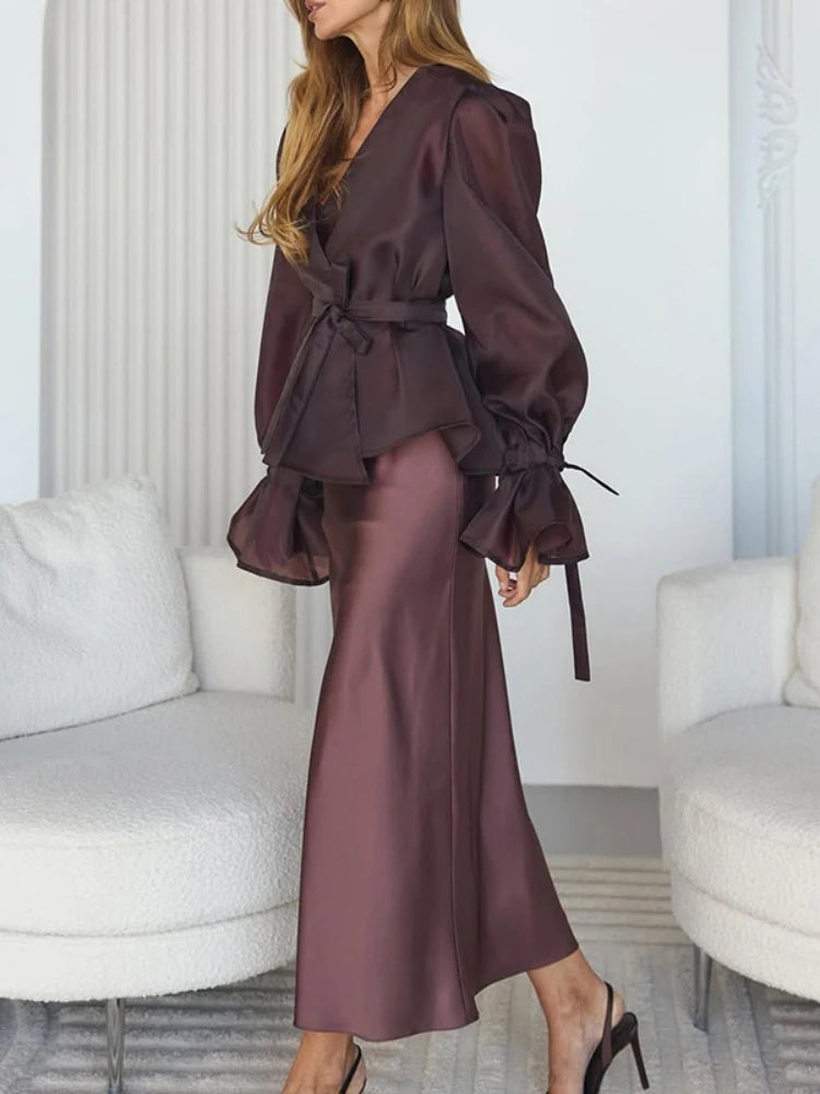 Chiffon Shirt & Satin Skirt Set