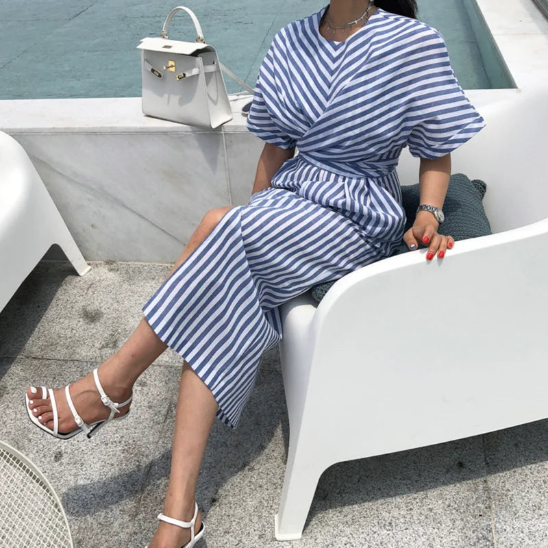 Summer Cotton Striped Pocket Split Long Dress For Woman Casual Office Lady Dresses Fashion Women's Clothing Robe Femme