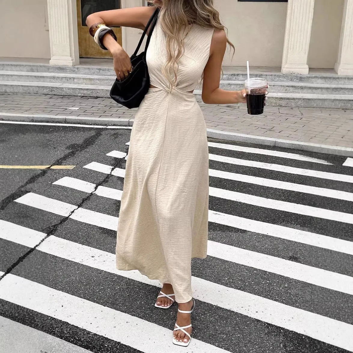 Hollow Out Pleated Tank Midi Dress