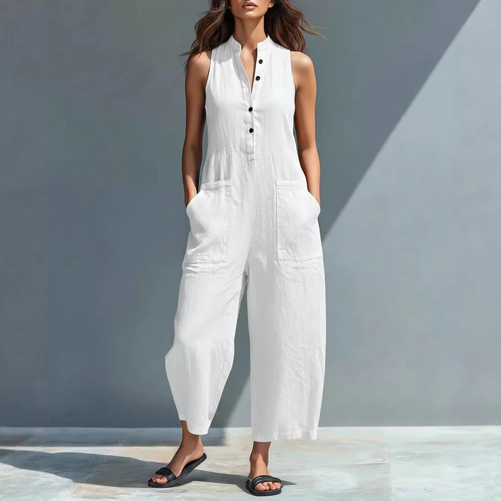 Sleeveless Stand Collar Button-Down Slim Straight-Leg Jumpsuit with Pockets