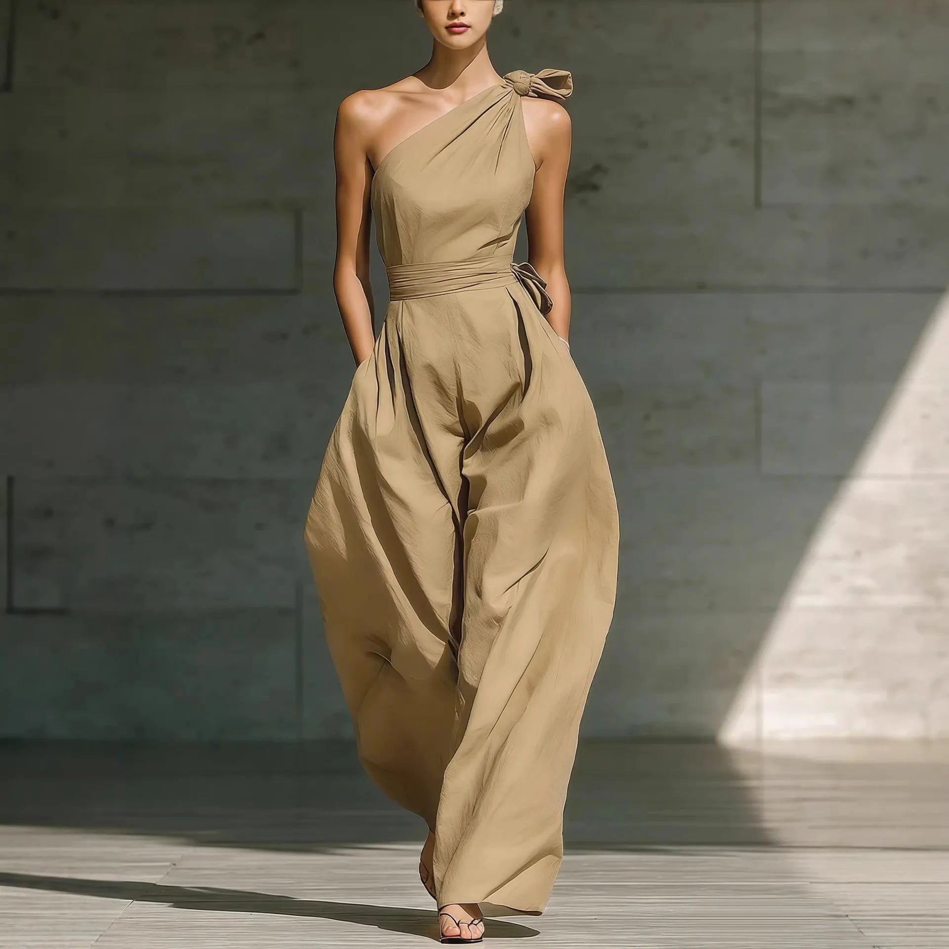One-Shoulder Draped Lace-Up Wide-Leg Jumpsuit