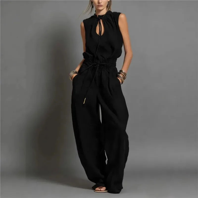 Vestidos Hollow Lace Wide-leg Trousers Jumpsuits Summer New Solid Color Loose Sleeveless Lace-up Waist Jumpsuit Set for Women