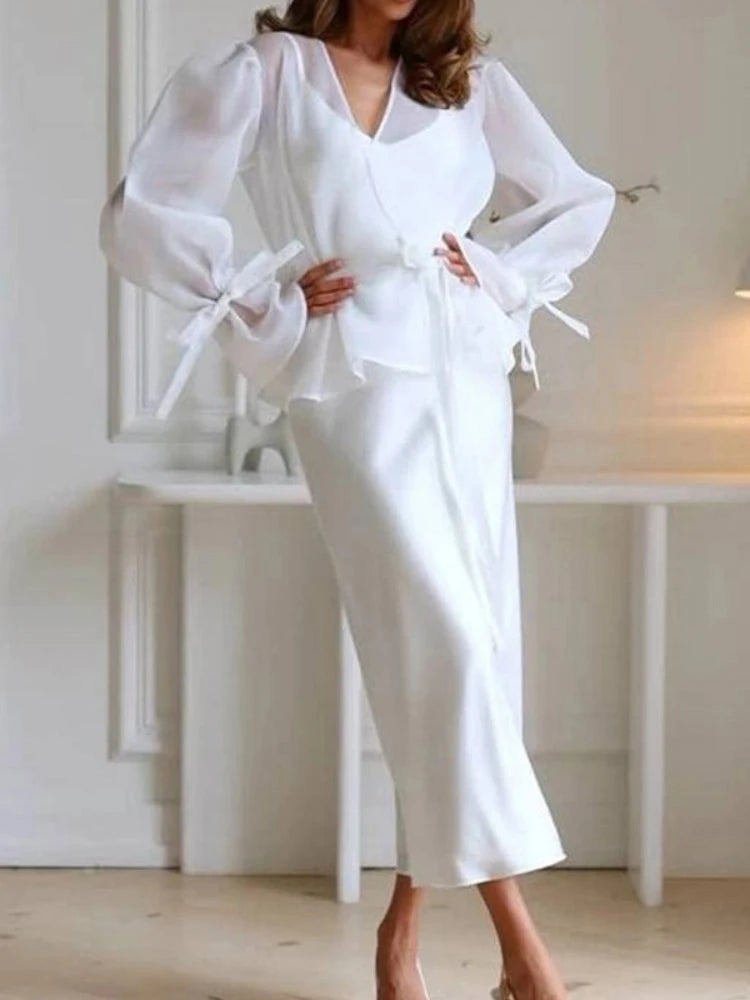 Chiffon Shirt & Satin Skirt Set