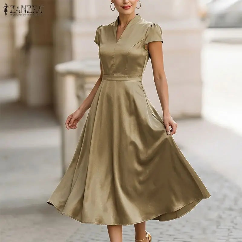 ZANZEA Women Silky Satin Midi Dress V-Neck Short Sleeve Cinch Waist A-Line Dresses Minimalist Commute Party Vestidos de Mujer