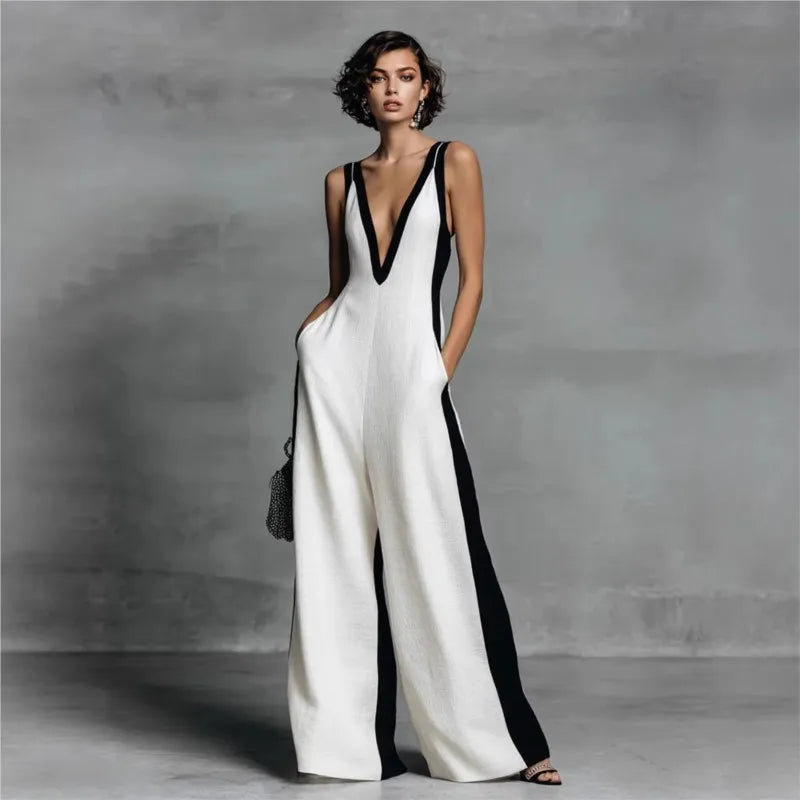 Sexy Deep V Neck Straps Wide Leg Jumpsuit Summer Sleeveless Color Block Patchwork Jumpsuits Elegant Casual Back Zipper Romper