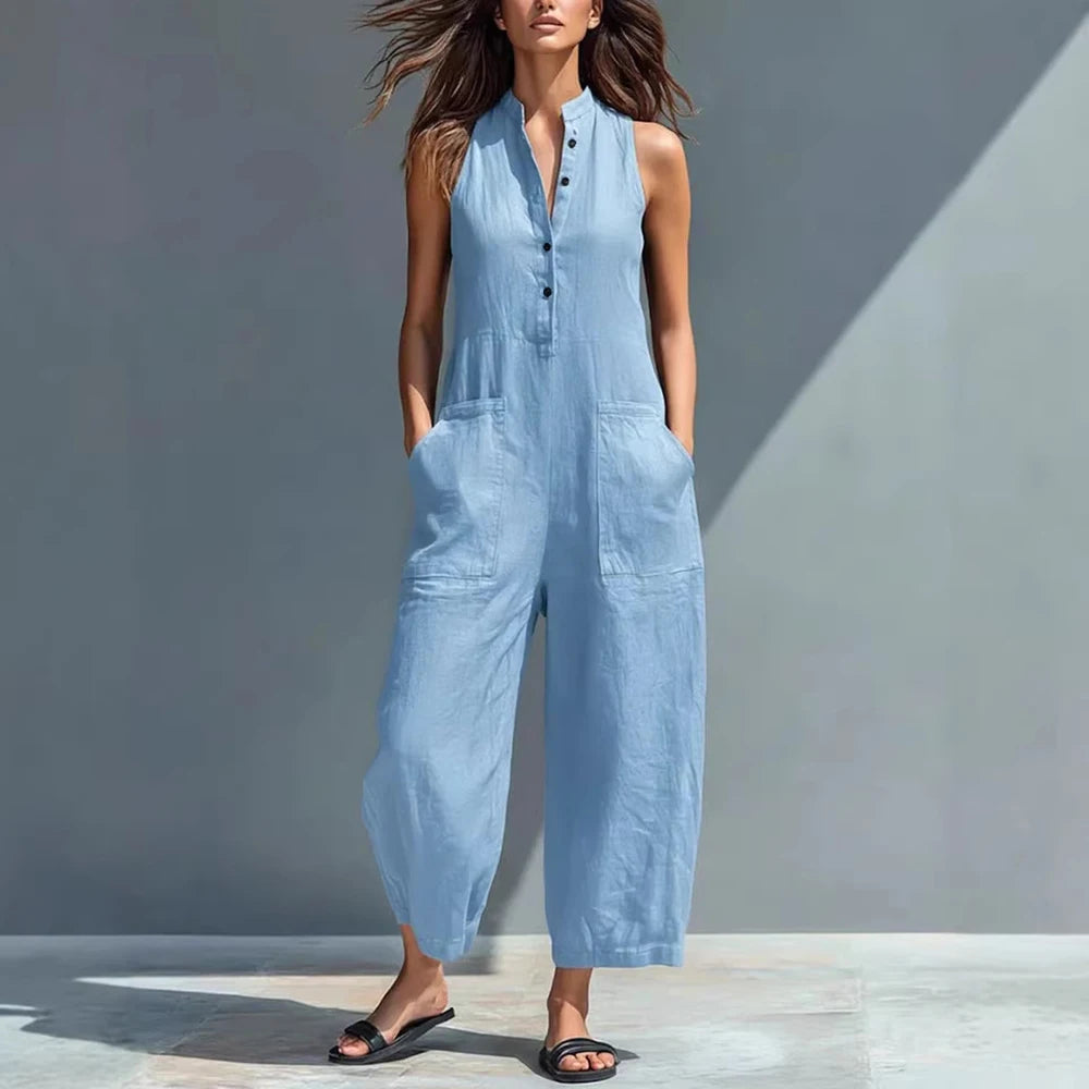 Sleeveless Stand Collar Button-Down Slim Straight-Leg Jumpsuit with Pockets