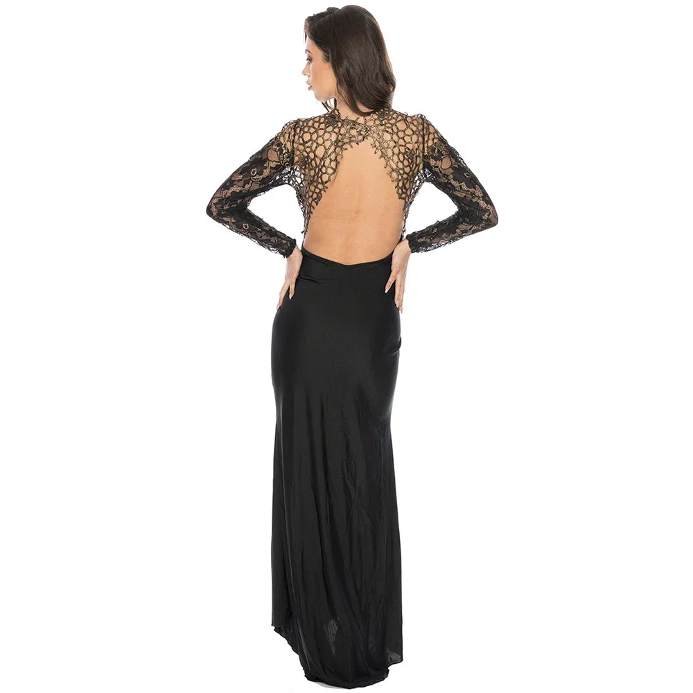 Women's Lace Fishtail Bodycon Maxi Dress Elegant Classy Fall Long Sleeve Mock Neck Cocktail Patchwork Dress See Through