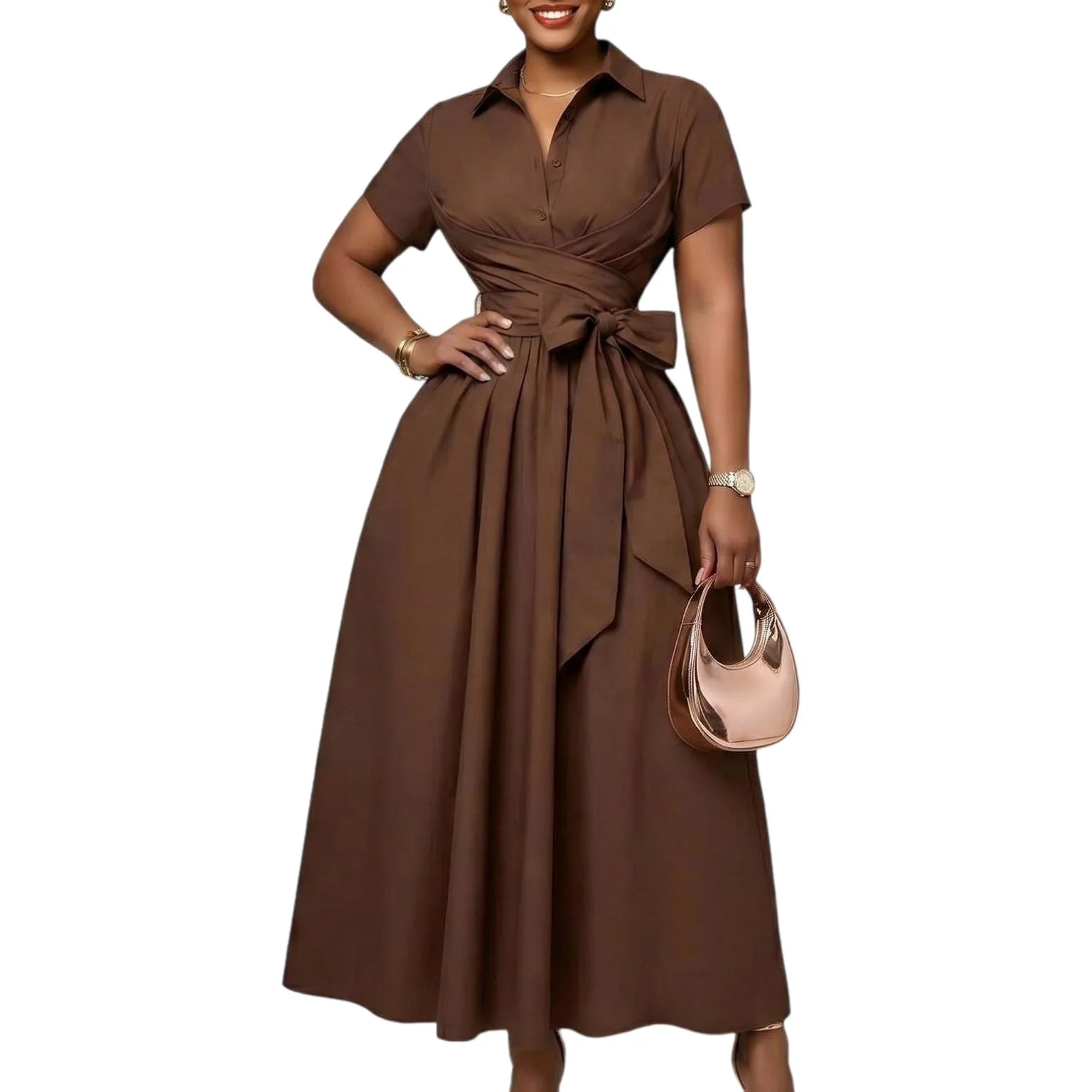 Belted Turn-Down Collar High Waist Midi Dress