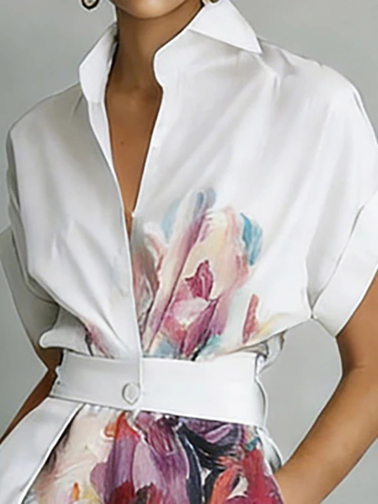 New Fashion Print Maxi Dress Women Summer Short Sleeve Turn-Down Collar Holiday Party Dress Button Patchwork Casual Ladies Dress