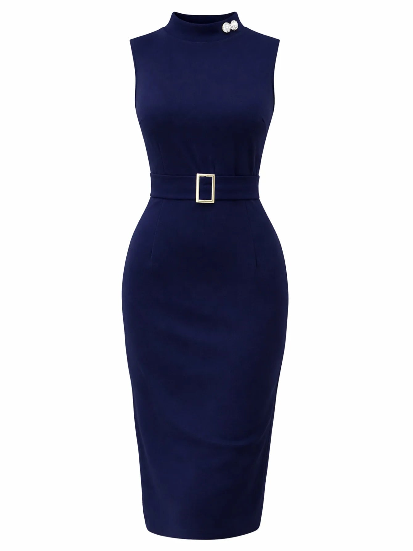 Women Elegant High Neck Sleeveless Summer Knee Length Bodycon Dress Slim Fit Belted Pencil Dress Solid Color Office Work Busines
