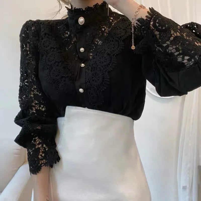 Vintage Lace Stand Collar Lantern Sleeve Button Blouse