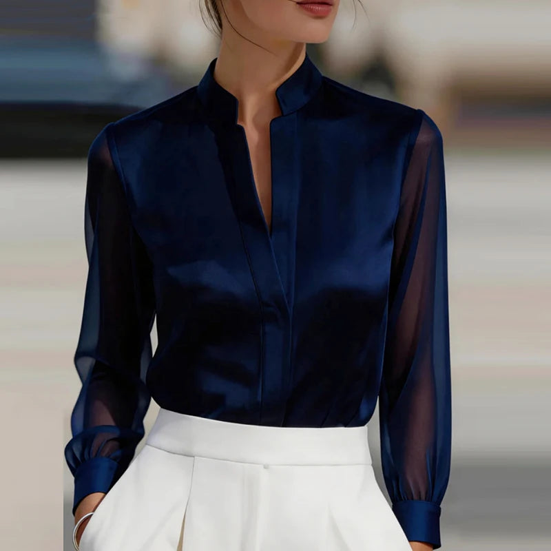 Mesh See Through Fashion Shirts Women Loose V Neck Silk Shirt Women Long Sleeve Blouses White Black Red Pullover Office Tops