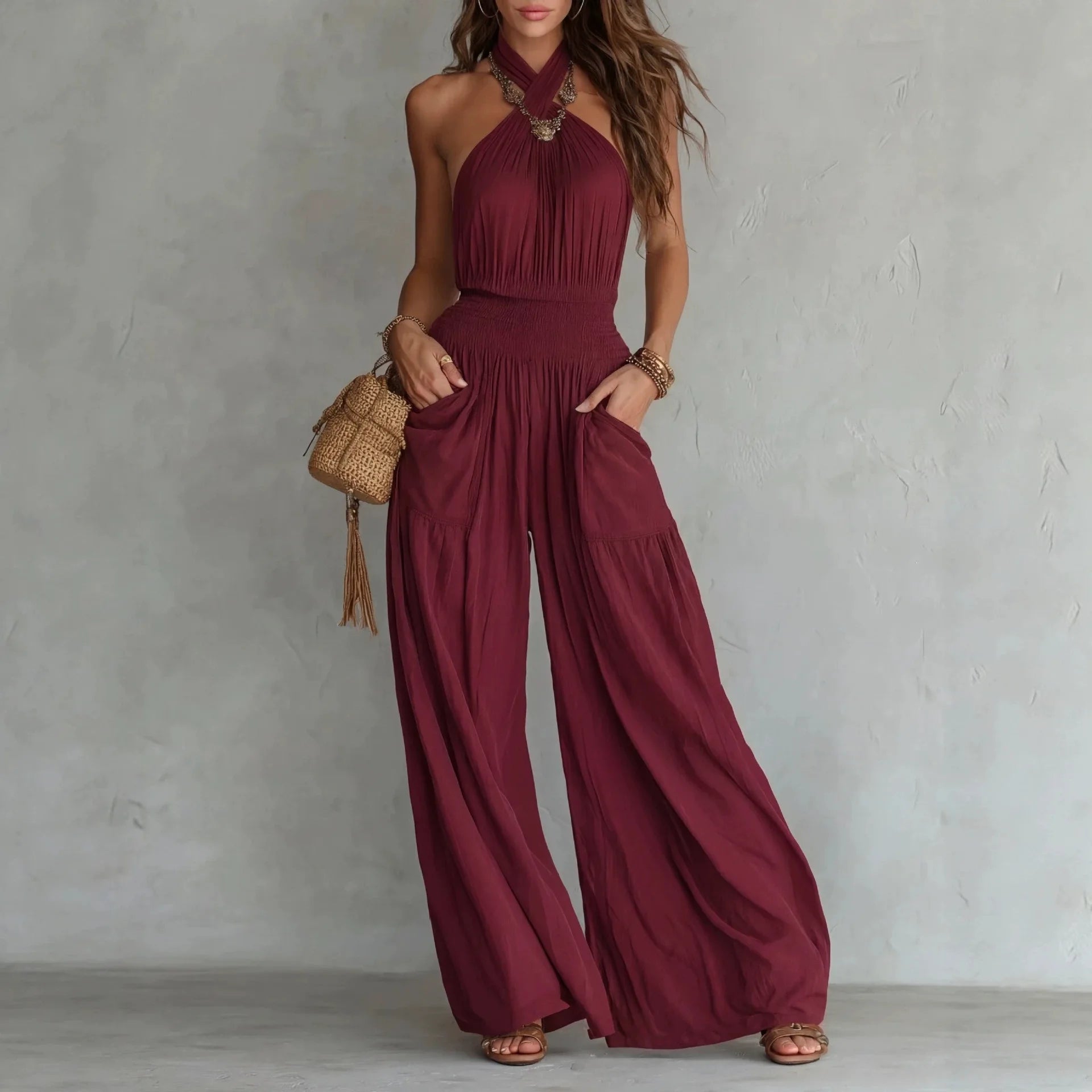Halter Neck Backless Loose Wide-Leg Jumpsuit with Pockets