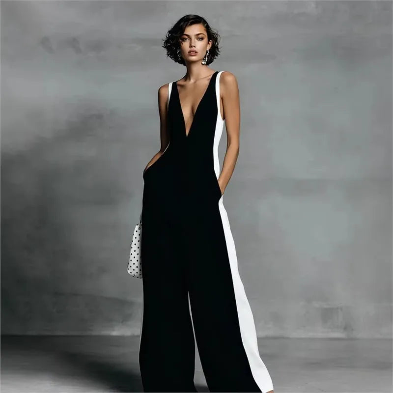 Sexy Deep V Neck Straps Wide Leg Jumpsuit Summer Sleeveless Color Block Patchwork Jumpsuits Elegant Casual Back Zipper Romper