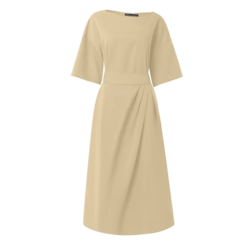 ZANZEA Women Dresses Trend 2026 Summer Elegant Slash Neck Half Sleeve Sudress Stylish Solid Work Dress A Line Belted Midi Robe