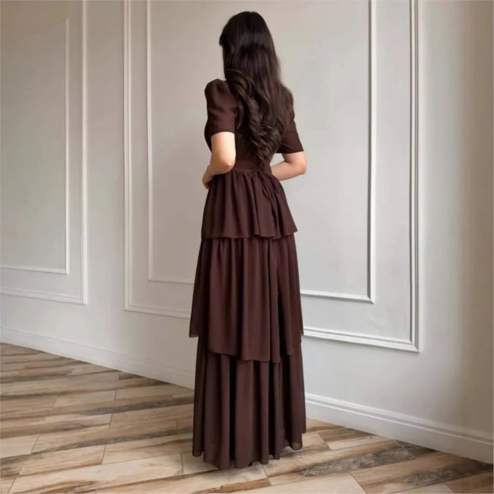 Tiered Pleated Round-Neck Midi Dress