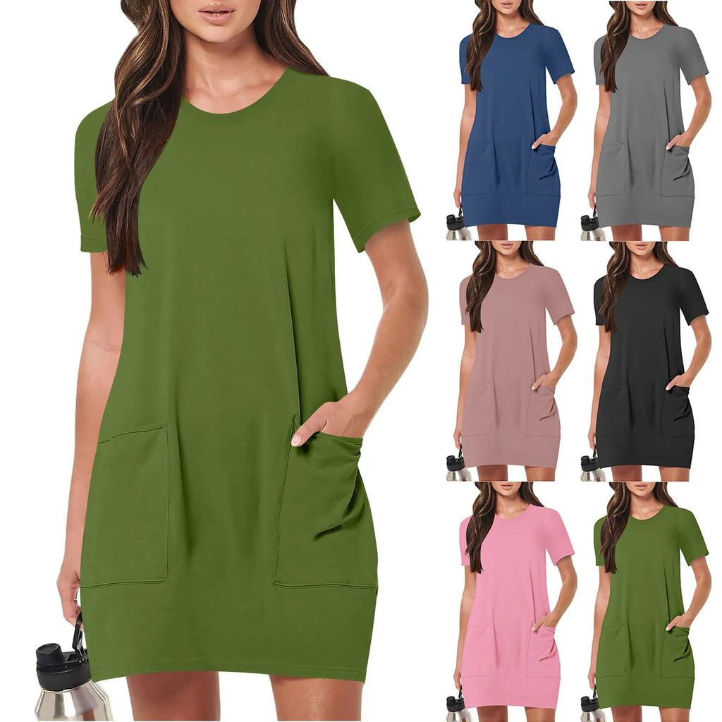 Loose Pocket Round-Neck Casual Mini Dress