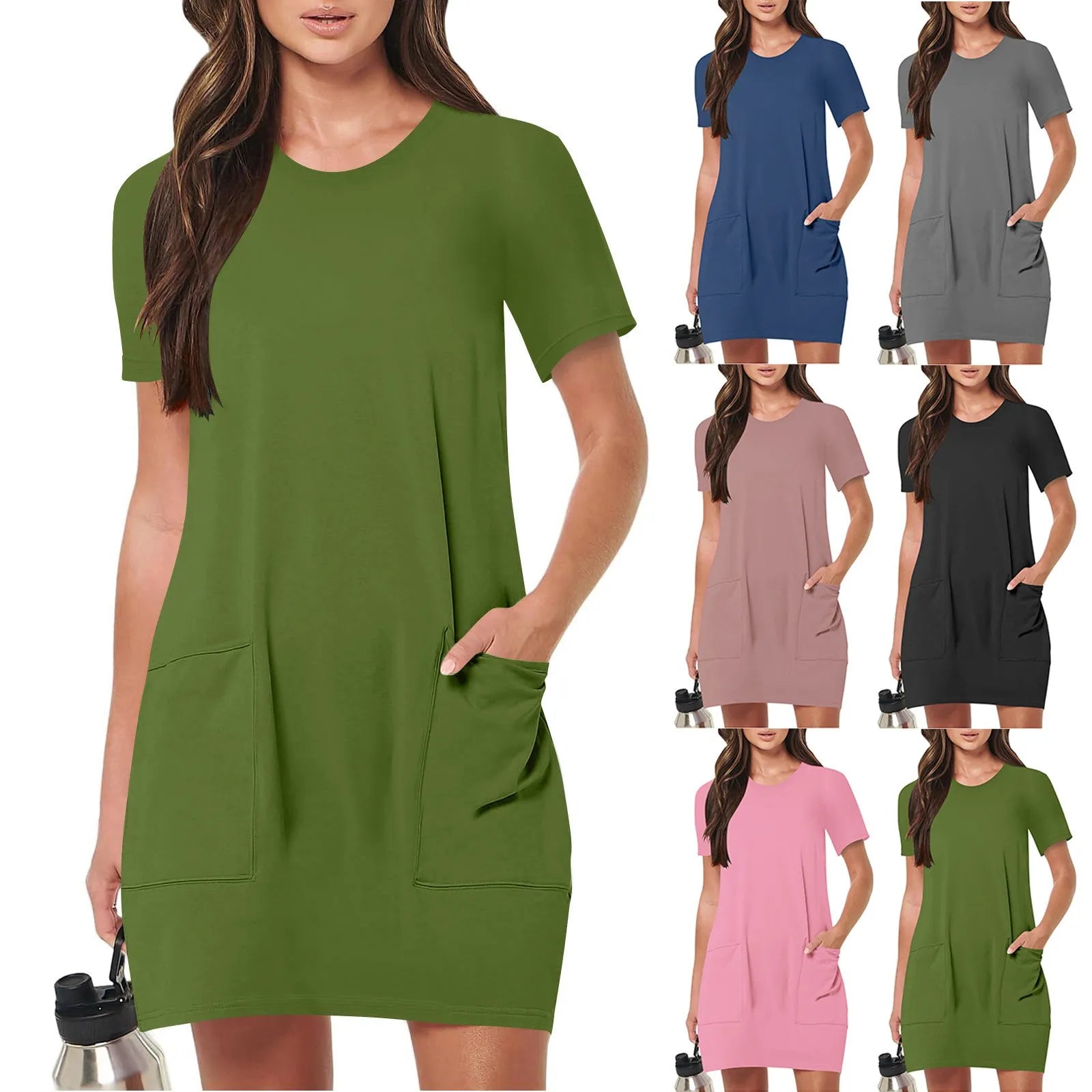 Loose Pocket Round-Neck Casual Mini Dress