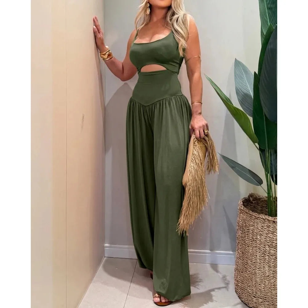 Cami Hollow-Out Waist Backless Tie-Back Slim Wide-Leg Jumpsuit