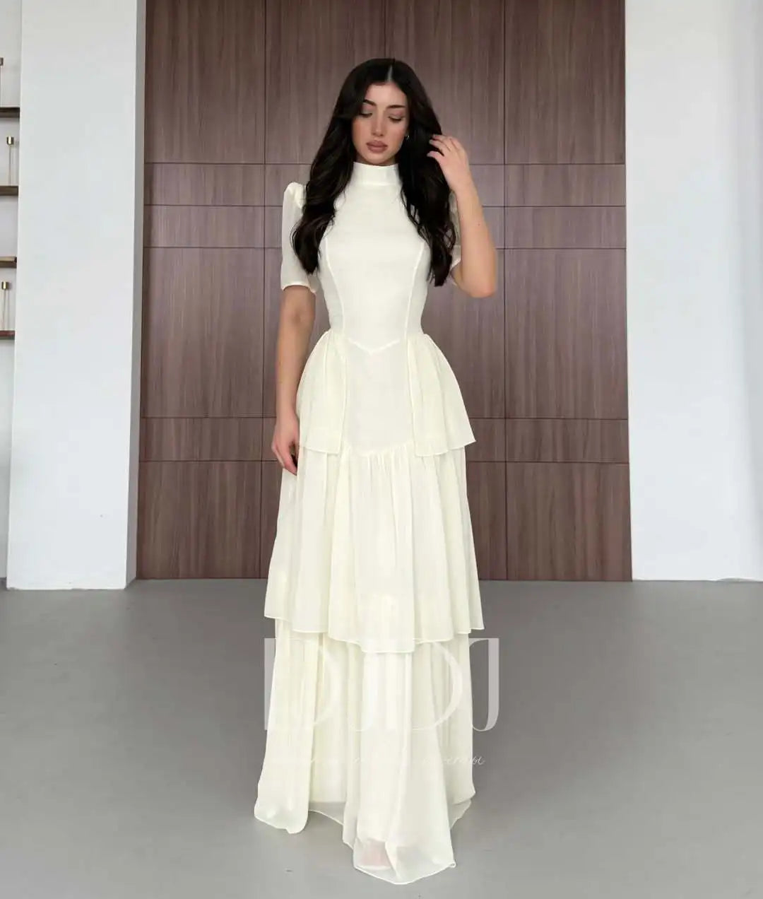 Tiered Pleated Round-Neck Midi Dress