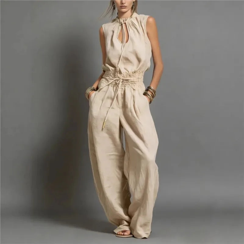 Vestidos Hollow Lace Wide-leg Trousers Jumpsuits Summer New Solid Color Loose Sleeveless Lace-up Waist Jumpsuit Set for Women