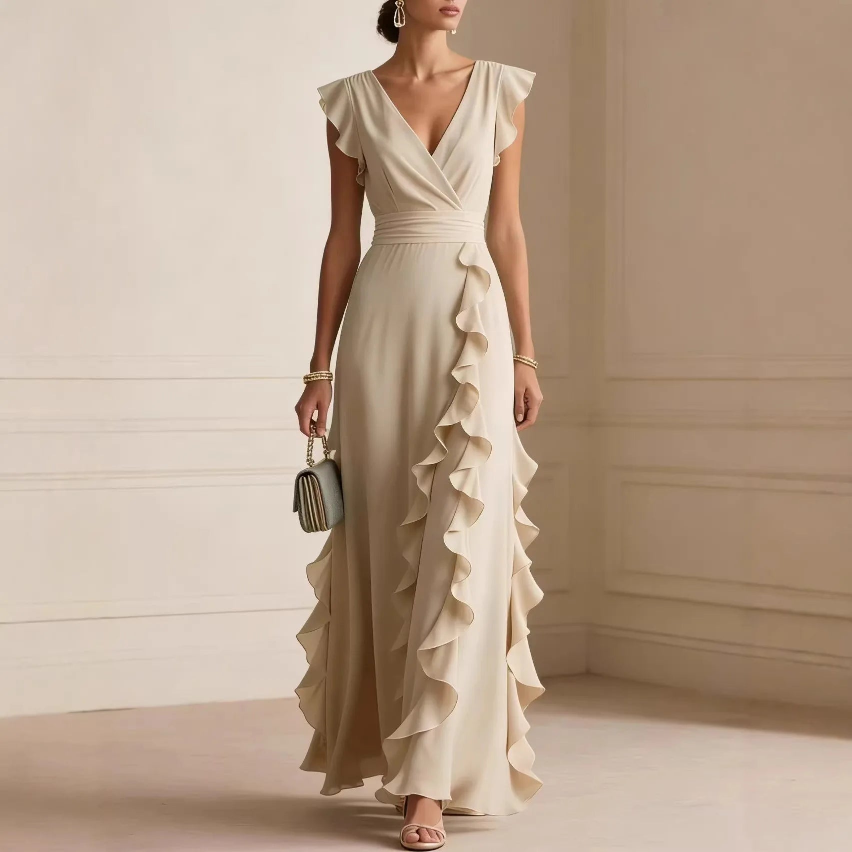 V-Neck Pleated Short Sleeve Solid Maxi Dress