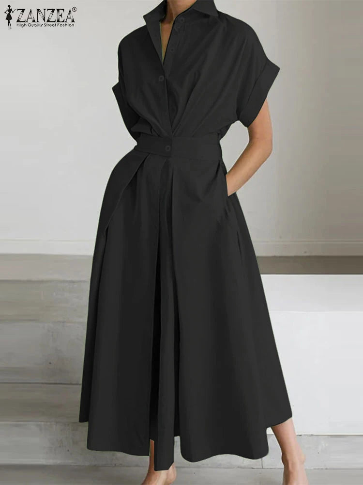 ZANZEA Fashion Women Collared Shirtdress Elegant Short Sleeve Elastic Wasit A-Line Maxi Dresses Summer Casual Robes Streetwear