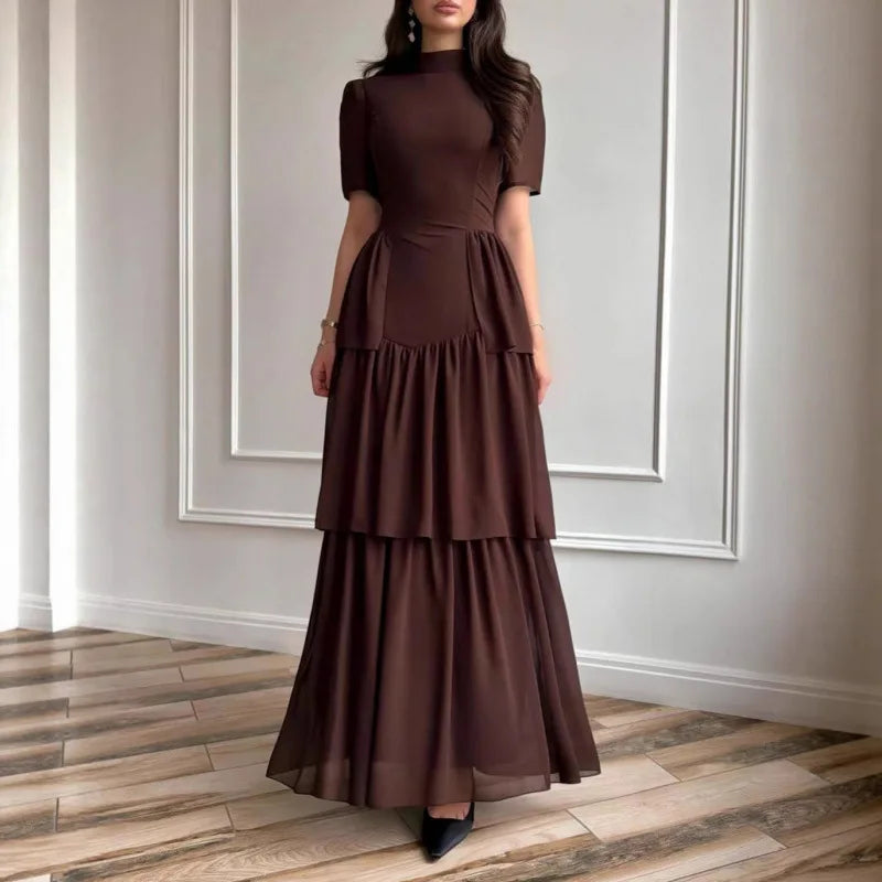 Tiered Pleated Round-Neck Midi Dress