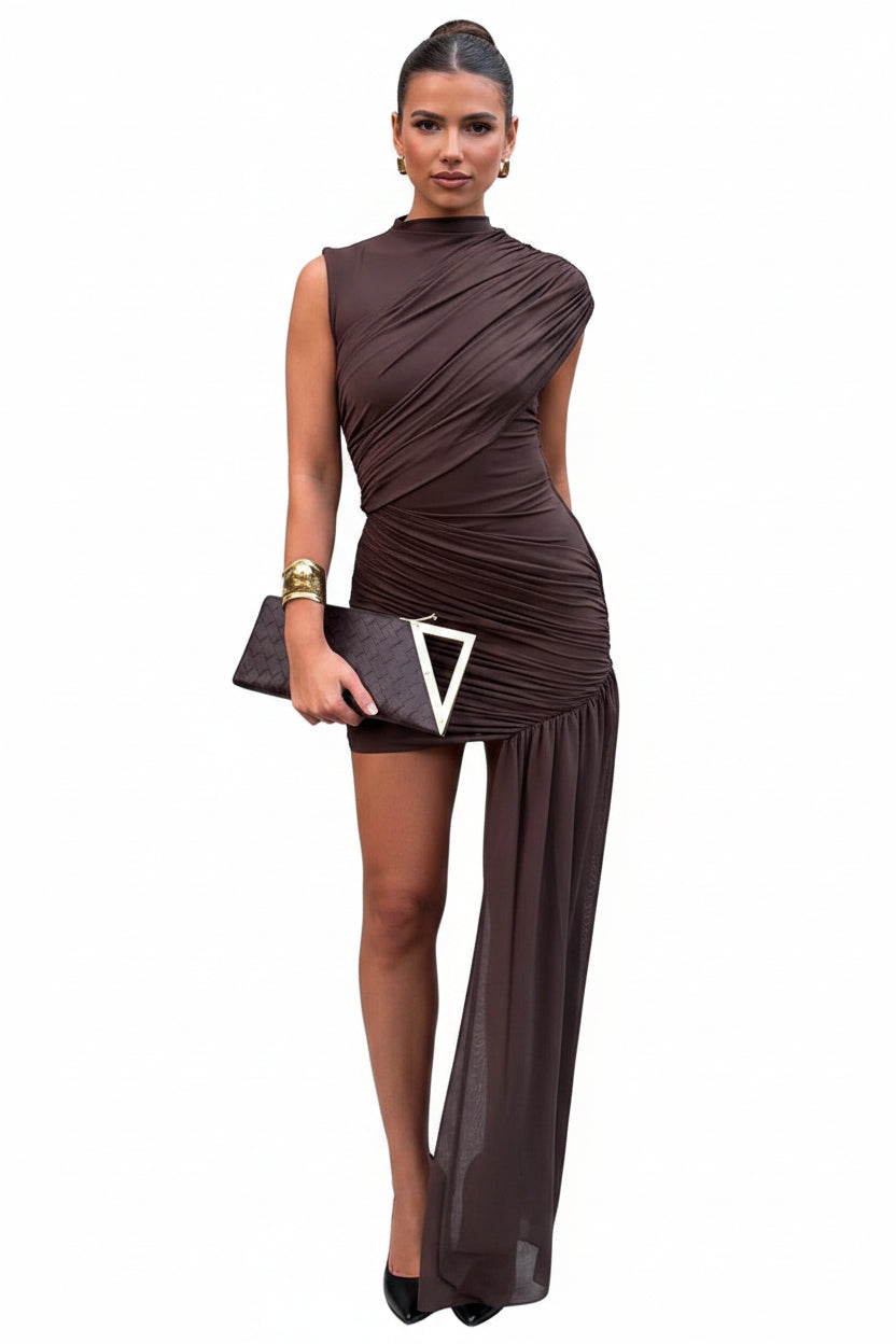 Irregular Draped Ruched Sleeveless Mini Dress