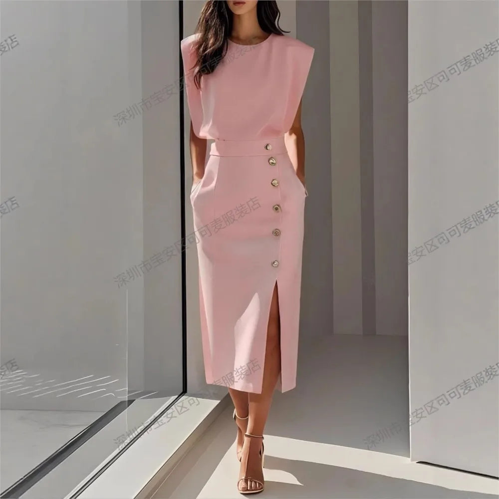 Elegant Ladies Waist Tightening Slit Metal Button Dresses Summer New Slim Hip Sleeveless Pocket Women's Office Dress 2025