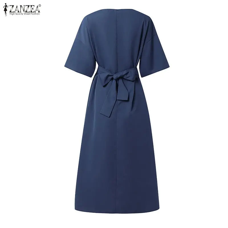 ZANZEA Women Dresses Trend 2026 Summer Elegant Slash Neck Half Sleeve Sudress Stylish Solid Work Dress A Line Belted Midi Robe