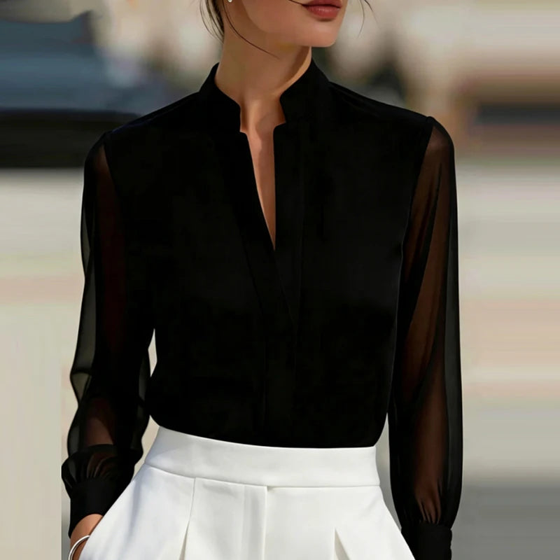 Loose V-Neck Long Sleeve Solid Broadcloth Blouse