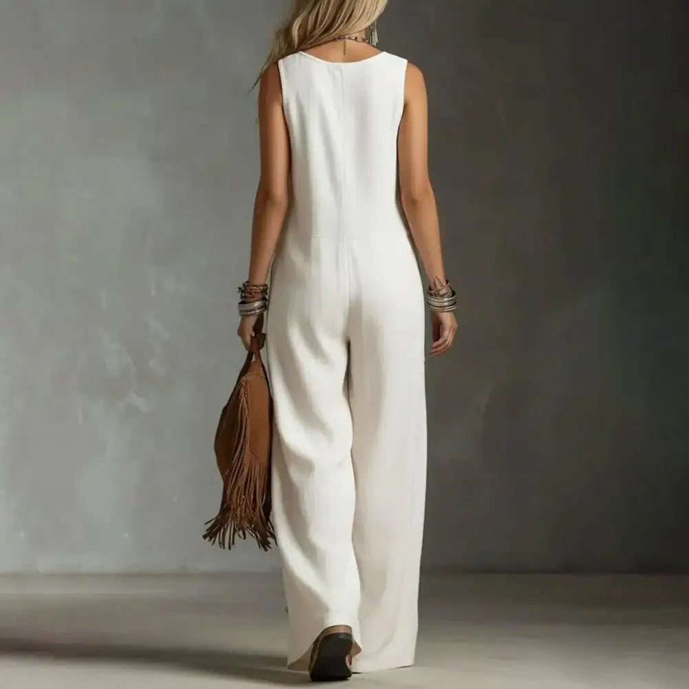 Women Button Down Jumpsuits Sleeveless Crew Neck Casual Wide Leg Rompers Summer Loose Overall with Pockets