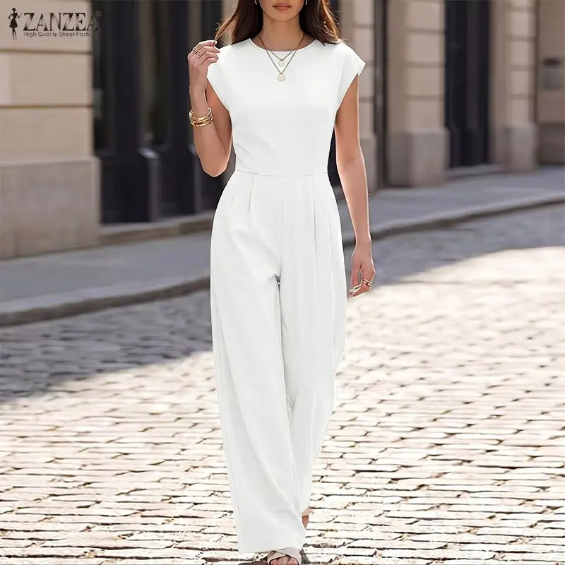 ZANZEA 2026 Summer Rompers Fashion Women Jumpsuits O Neck Short Sleeve Playsuit Elegant Solid Wide Leg OL Work Overalls Trousers