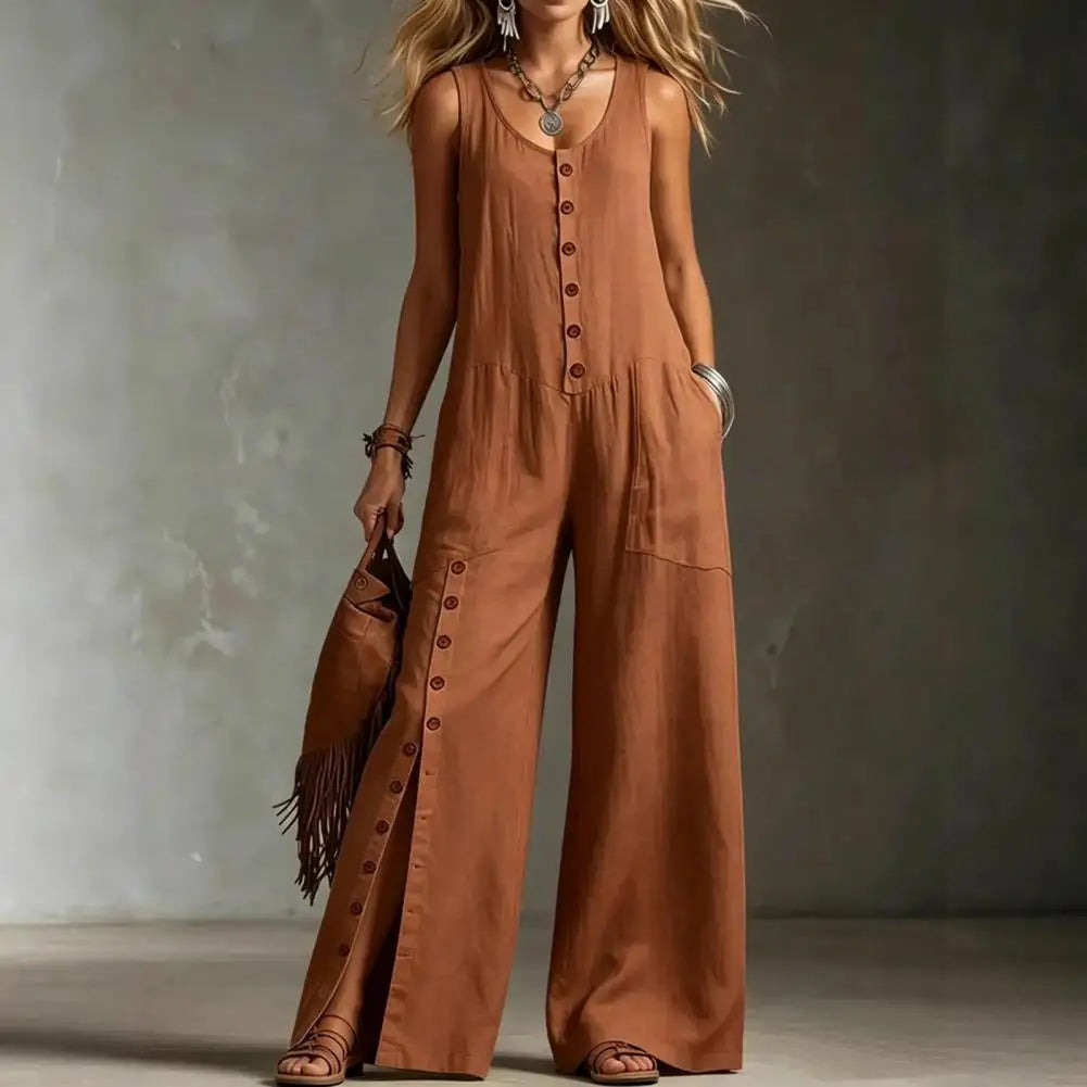 Women Button Down Jumpsuits Sleeveless Crew Neck Casual Wide Leg Rompers Summer Loose Overall with Pockets